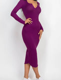 Split Neck Long Sleeve Midi Dress