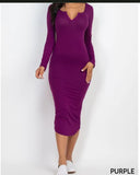 Split Neck Long Sleeve Midi Dress