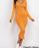 Split Neck Long Sleeve Midi Dress