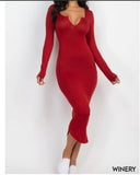 Split Neck Long Sleeve Midi Dress