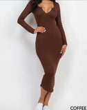 Split Neck Long Sleeve Midi Dress
