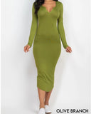 Split Neck Long Sleeve Midi Dress