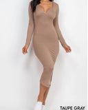 Split Neck Long Sleeve Midi Dress