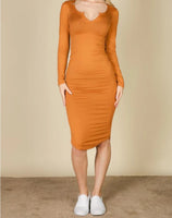 Split Neck Long Sleeve Midi Dress
